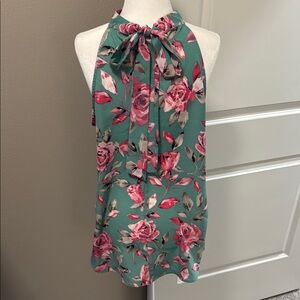 FSL Apparel Floral Printed Halter Top, Bow, Teal, M